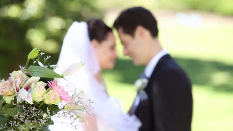 Happy-newlyweds-standing-in-the-park