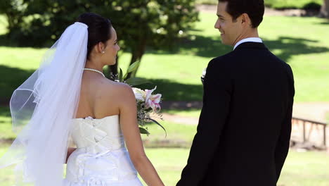 Recién-Casados-De-Pie-En-El-Parque-Tomados-De-La-Mano.