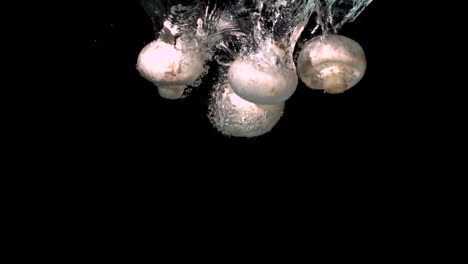 Mushrooms-falling-in-water-on-black-background