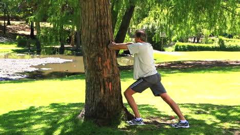 Man-stretching-against-a-tree-in-the-park