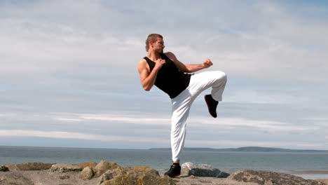 Martial-arts-expert-practicing-by-the-coast