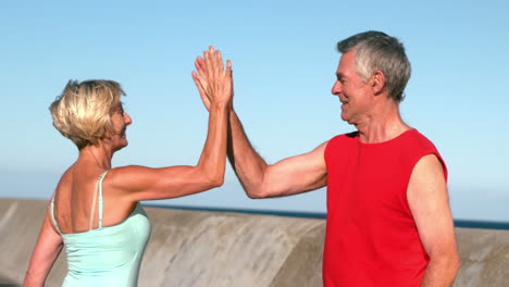 Pareja-De-Ancianos-Chocando-Los-Cinco-Después-De-Correr