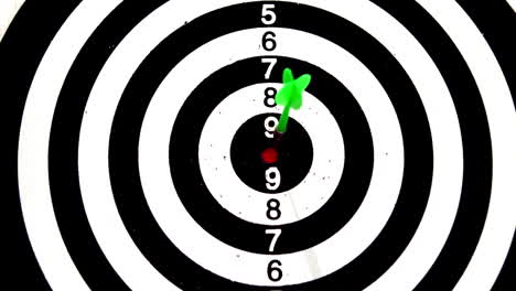 Green-dart-hitting-the-bullseye-on-white-background