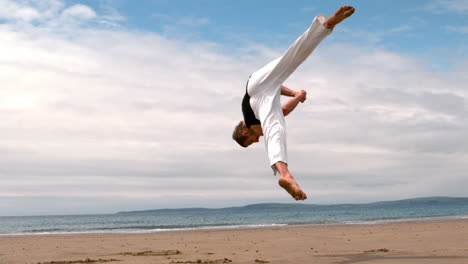 Martial-arts-expert-practicing-on-the-beach