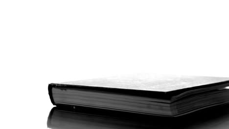 Heavy-black-book-falling-on-white-surface