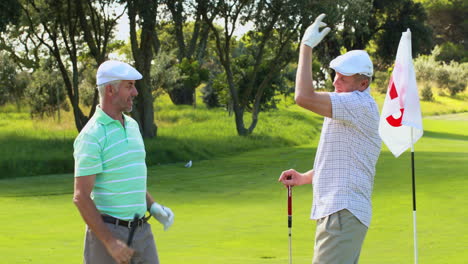 Mann-Gibt-Seinem-Freund-Ein-High-Five,-Nachdem-Er-Seinen-Golfball-Eingelocht-Hat