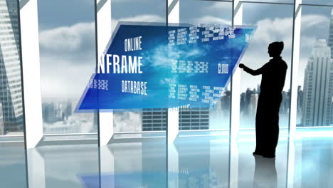 Silhouette-of-businesswoman-presenting-cloud-computer-words