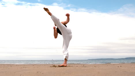 Experto-En-Artes-Marciales-Practicando-En-La-Playa.