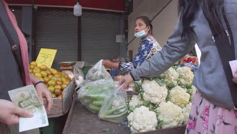 Una-Mujer-Local-Atiende-Su-Vibrante-Puesto-De-Verduras,-Que-Ofrece-Verduras-Frescas,-Tomates-Maduros,-Pepinos-Crujientes-Y-Hierbas-Aromáticas.