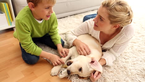Happy-mother-and-son-playing-with-puppy-on-the-rug