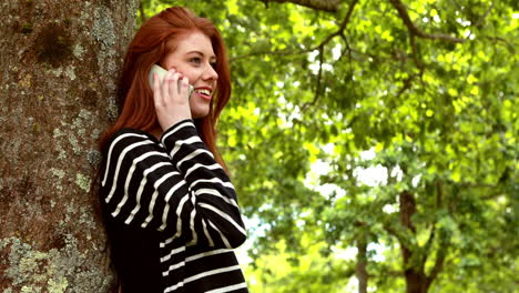 Bonita-Pelirroja-Hablando-Por-Teléfono-En-El-Parque.