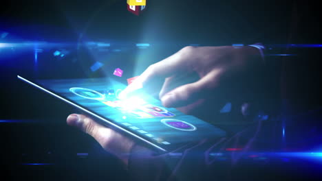 Businessman-using-tablet-to-view-holographic-apps