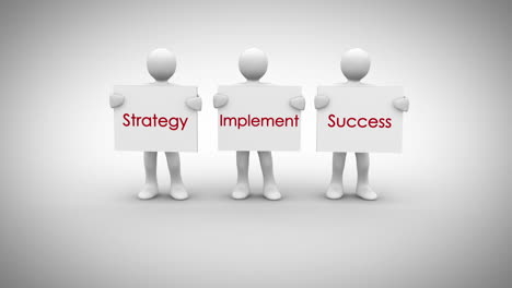 White-characters-showing-signs-saying-strategy-implement-success