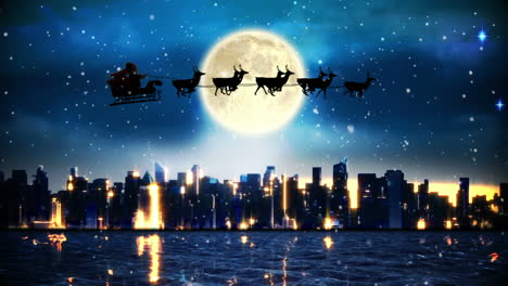 Santa-Y-Su-Trineo-Volando-Sobre-La-Ciudad-Y-El-Río