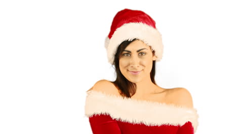 Mujer-Bonita-Sonriente-Posando-En-Traje-Sexy-De-Santa