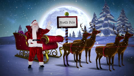 Santa-waving-in-his-sleigh-with-reindeer-at-the-north-pole