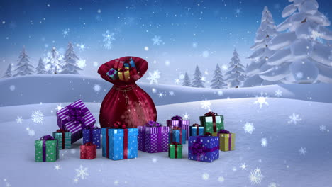 Santa-sack-full-of-gifts-in-snowy-landscape