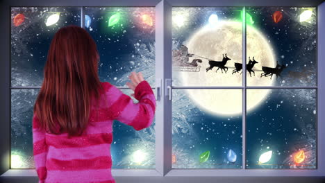 Niña-Saludando-A-Papá-Noel-Volando-Más-Allá-De-La-Luna-Llena