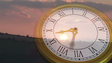 Römische-Ziffern-Uhr-über-Sonnenuntergang