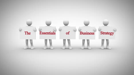 White-characters-showing-signs-saying-the-essentials-of-business-strategy