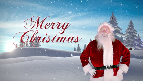 Santa-presenting-christmas-message-against-snowy-fir-forest