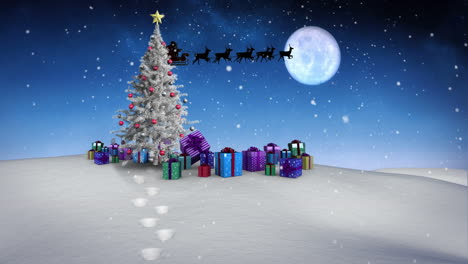 Der-Weihnachtsmann-Und-Sein-Schlitten-Fliegen-über-Eine-Verschneite-Landschaft-Mit-Baum-Und-Geschenken,-Wiederholbar