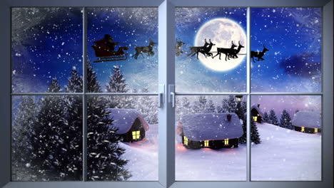 Weihnachtsmann-Fliegt-Im-Schnee-Am-Fenster-Vorbei