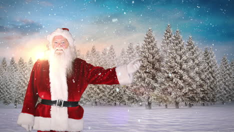 Santa-presenting-against-snowy-fir-forest