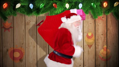 Santa-carrying-sack-of-gifts-against-festive-wooden-background