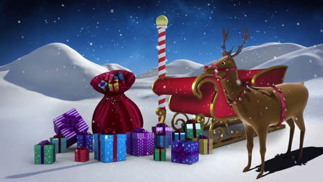 Weihnachtsmann-Schlitten-Voller-Geschenke-In-Verschneiter-Landschaft-Am-Nordpol-Mit-Rudolph
