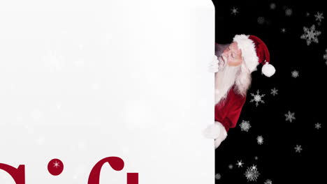 Santa-peeking-around-gift-card-on-festive-background