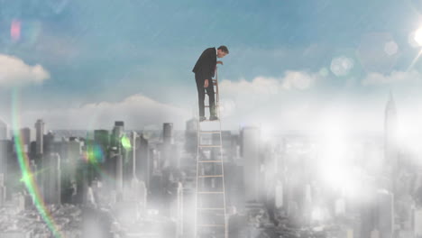 Hombre-De-Negocios-En-La-Escalera-Mirando-Hacia-Abajo-Sobre-El-Fondo-De-La-Ciudad