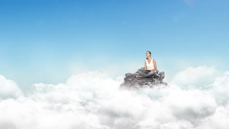 Beiläufige-Frau-Mit-Laptop-In-Den-Wolken