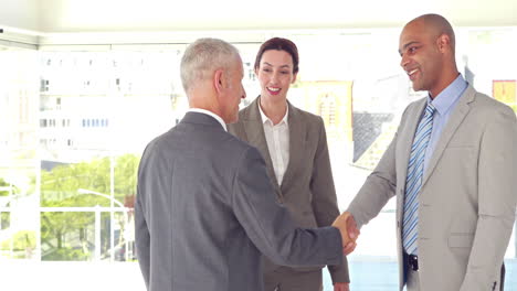 Business-people-shaking-hands-and-smiling-