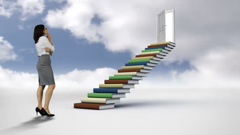 Businesswoman-looking-at-steps-made-of-books-in-the-cloudy-sky-