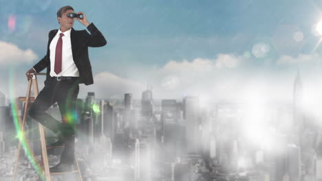 Businessman-on-ladder-looking-at-skyscraper-with-binoculars-