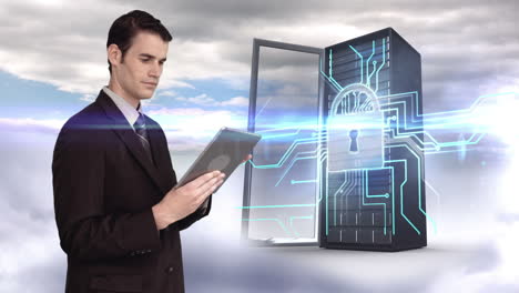 Businessman-using-tablet-computer-in-front-of-server-tower-on-sky-background