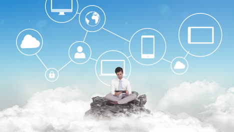 Businessman-using-tablet-in-the-clouds