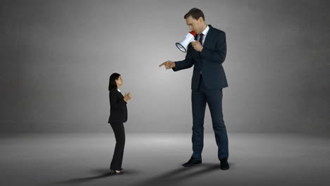 Giant-boss-yelling-on-businesswoman-with-megaphone