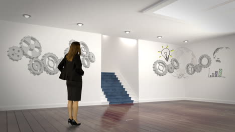 Businesswoman-looking-at-cogs-and-wheels-projection