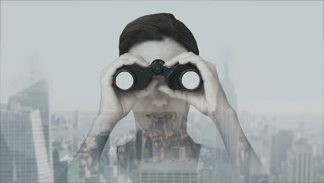 Businesswoman-looking-through-binoculars-against-city