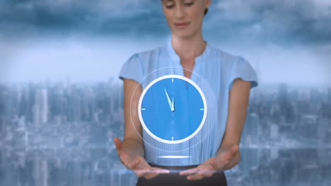 Businesswoman-holding-virtual-alarm-clock