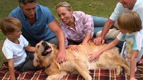 Glückliche-Familie-Im-Park-Mit-Ihrem-Hund