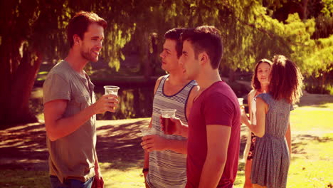 Amigos-Felices-En-El-Parque-Tomando-Cervezas