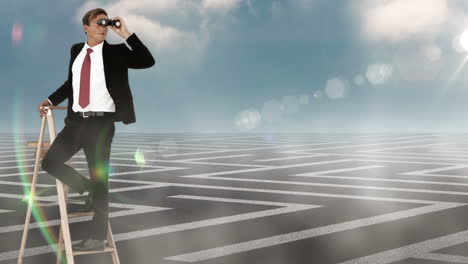 Businessman-on-ladder-looking-at-labyrinth-with-binoculars-