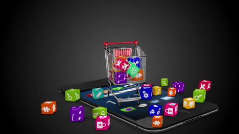 Icons-dropping-in-the-trolley-on-black-background