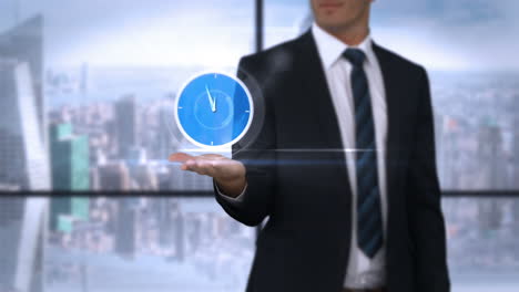 Businessman-holding-virtual-alarm-clock