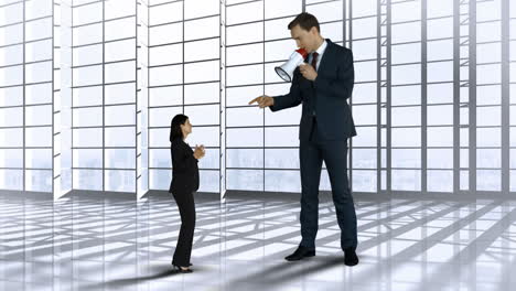 Giant-boss-yelling-on-businesswoman-with-megaphone