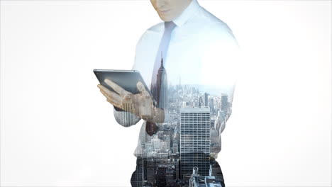 Businessman-using-tablet-with-cityscape-overlay-