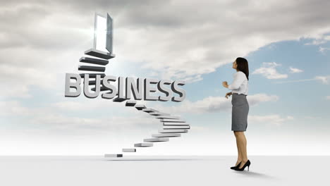 Businesswoman-looking-at-steps-with-a-floating-word-in-the-sky-